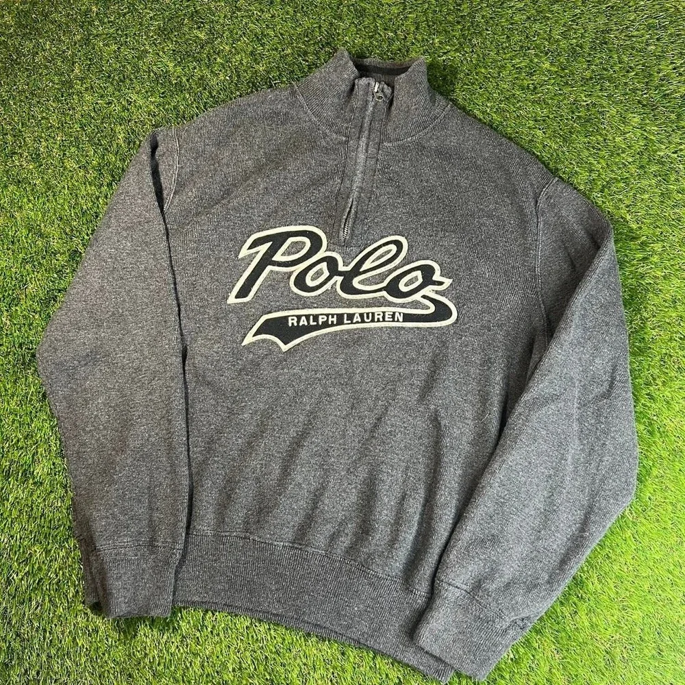 Polo Ralph Lauren Quarter Zip Knit Sweater Spell Out Logo Gray Mens XL Cotton